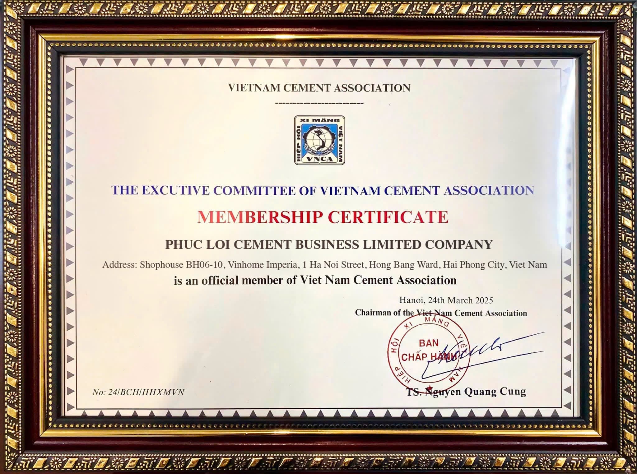Phuc Loi Cement - VNCA Membership Certificate