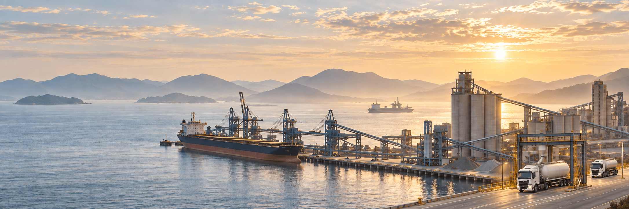 Illustration of a coastal export terminal, cement plant and tanker trucks loading