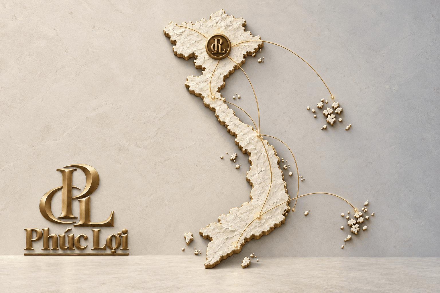 Bản đồ Việt Nam nổi khối với logo Phúc Lợi